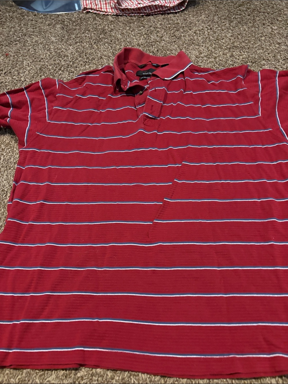 Greg Norman Collection Red Polo with White and Light Blue Stripes